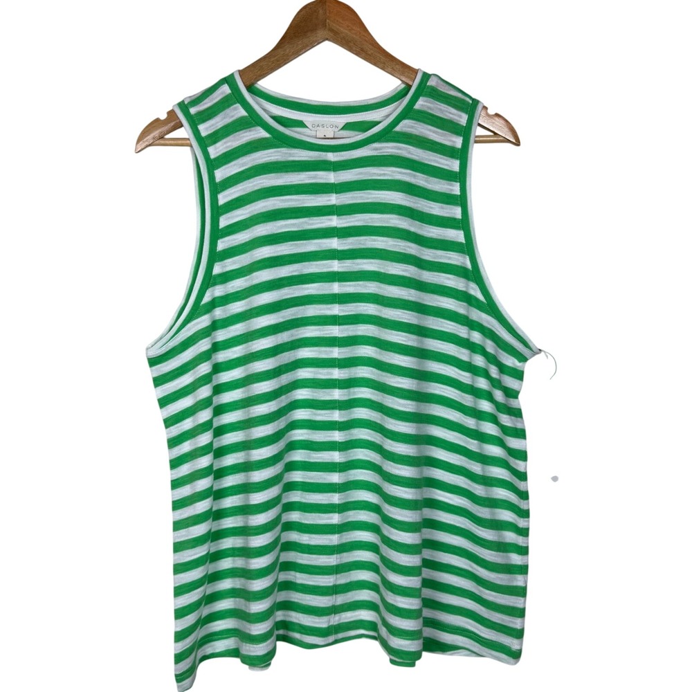 Caslon Tank Top Striped Sleeveless Crew Neck Womens XL Green White Coastal NWT